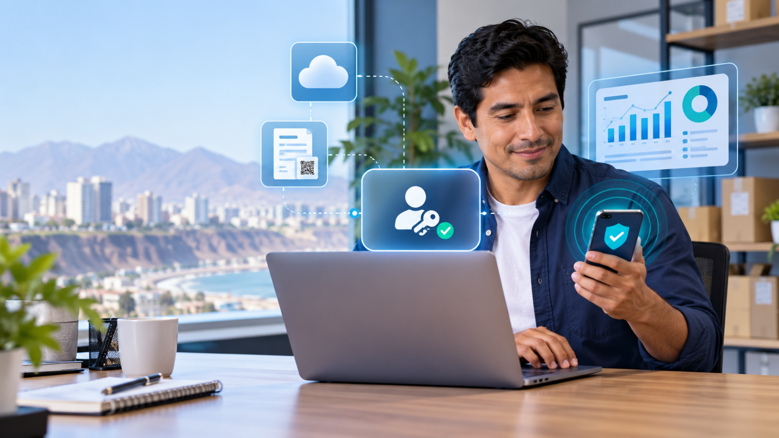 Pequeña empresa peruana utilizando passkeys para proteger sus sistemas, facturación electrónica y servicios en la nube.